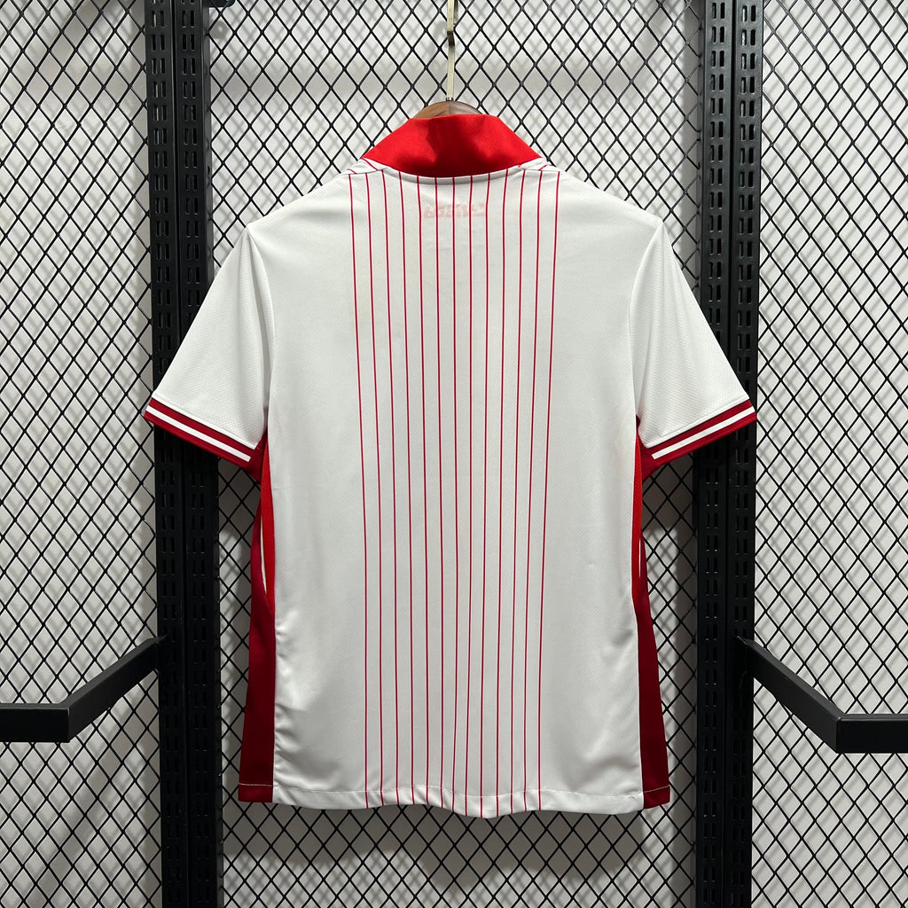 Back view white soccer jersey with red vertical stripes and red collar trim