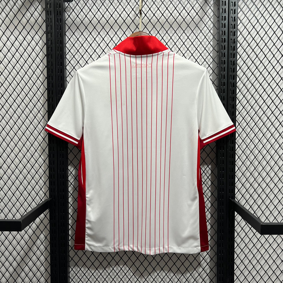 Back view white soccer jersey with red vertical stripes and red collar trim