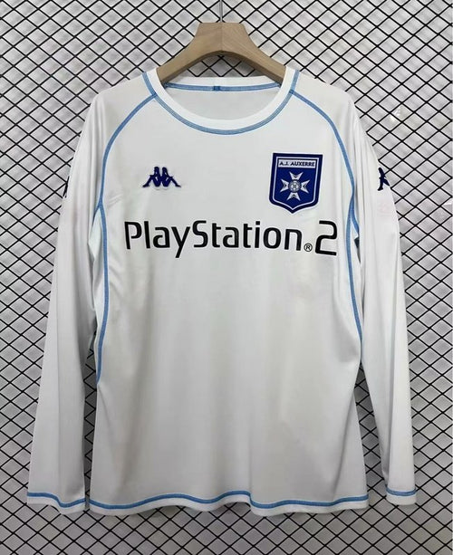 White retro soccer jersey, long sleeves, blue trim; crest and PlayStation 2 logo
