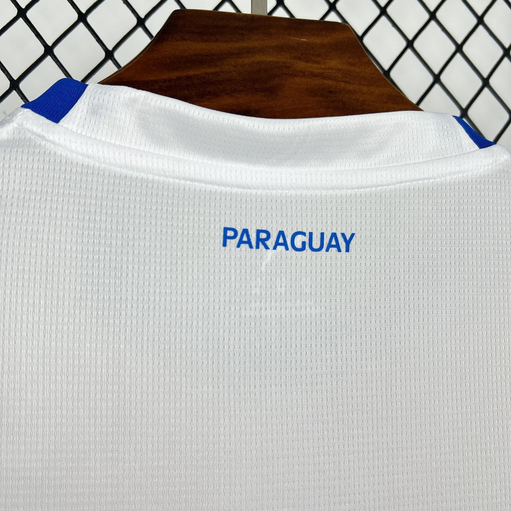 Paraguay home fan jersey back neck, blue “PARAGUAY” text on white fabric