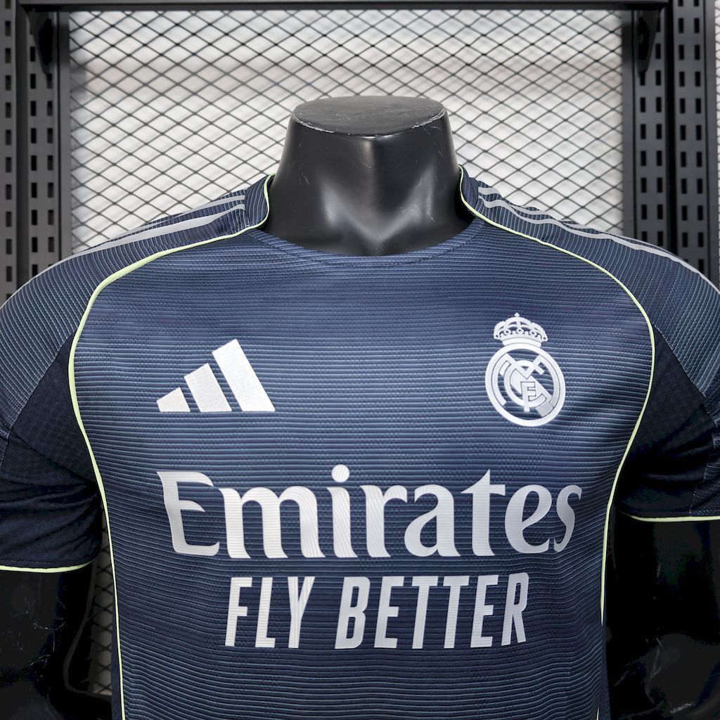 Real Madrid away player soccer jersey front, navy with Emirates Fly Better sponsor