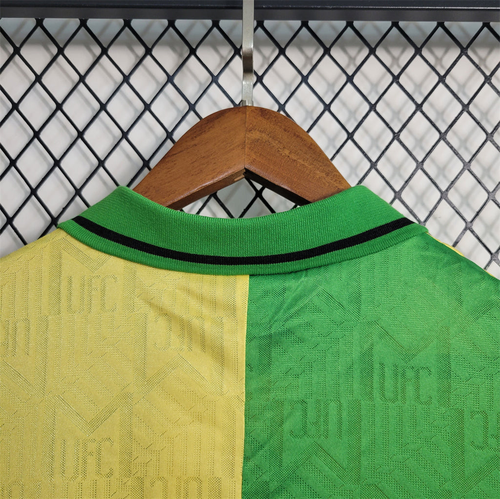 Retro football jersey collar and back hem in green and yellow panels