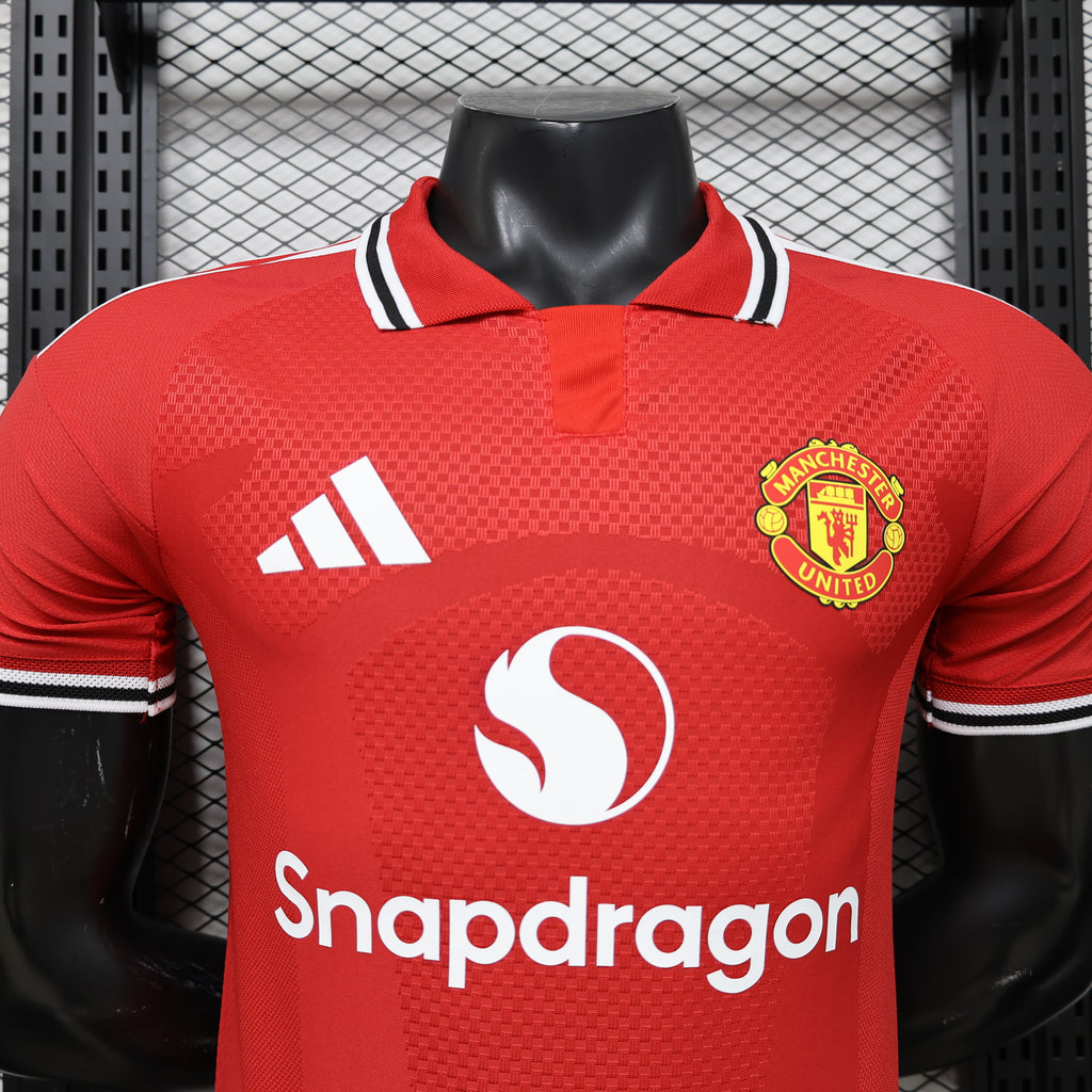 Red Manchester United home player football shirt with crest, adidas logo, Snapdragon