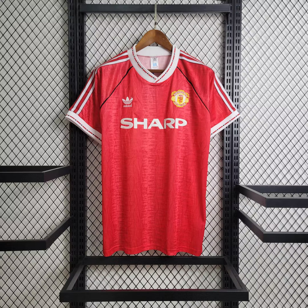 Red retro home football jersey with white trim, SHARP sponsor and team crest