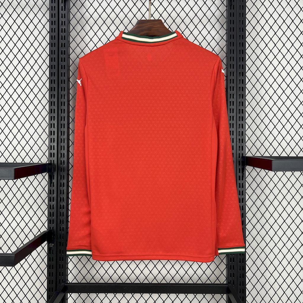 Red long-sleeve football jersey, back view, ribbed collar with green trim