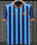 Blue vertical striped football jersey with orange trim and short sleeves