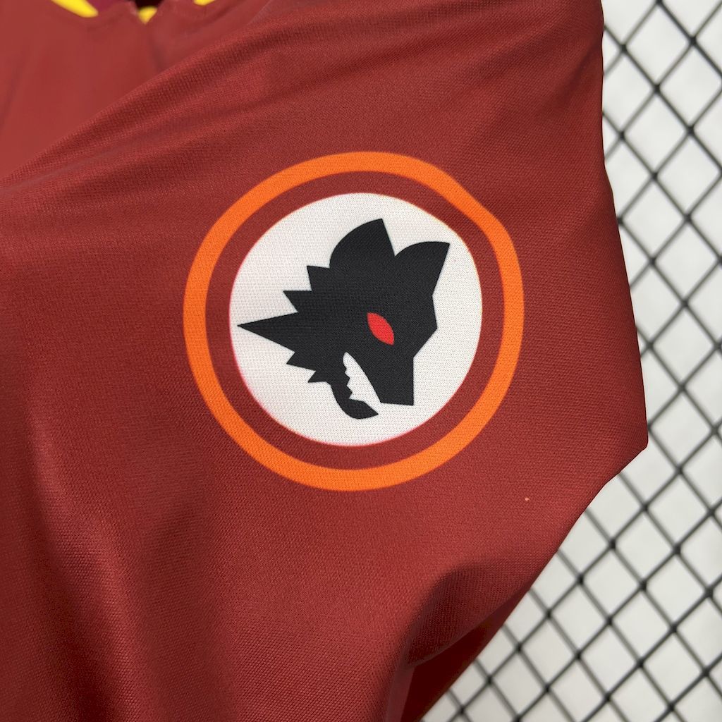 Retro Roma home football shirt logo detail, orange ring with bull icon