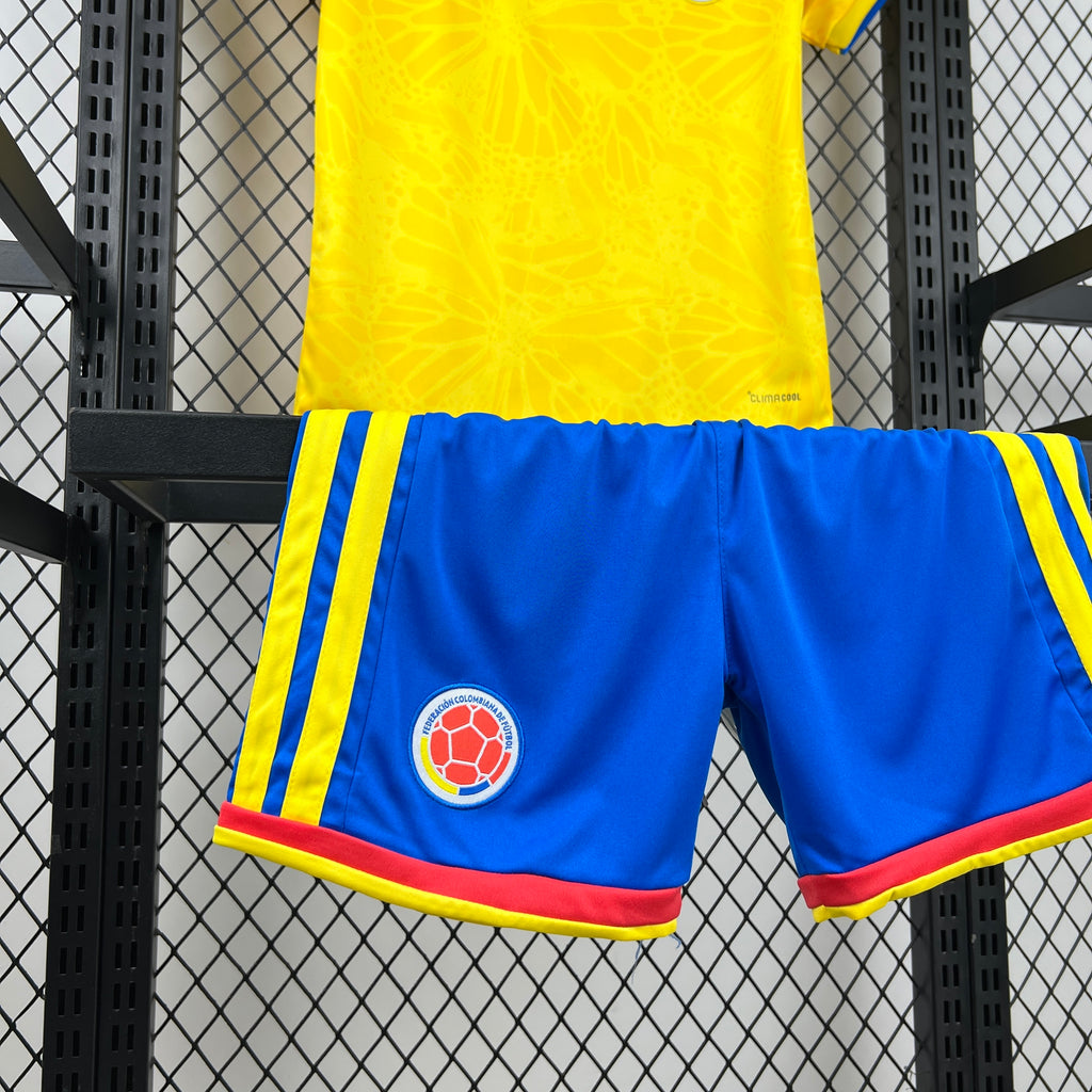Blue shorts with Colombia crest, yellow side stripes, red-and-yellow hem