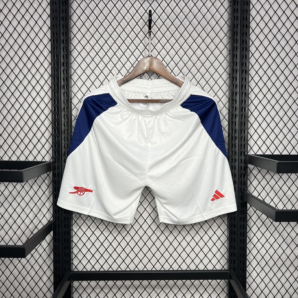 Arsenal home fan football shorts, white with navy side panels and red logo