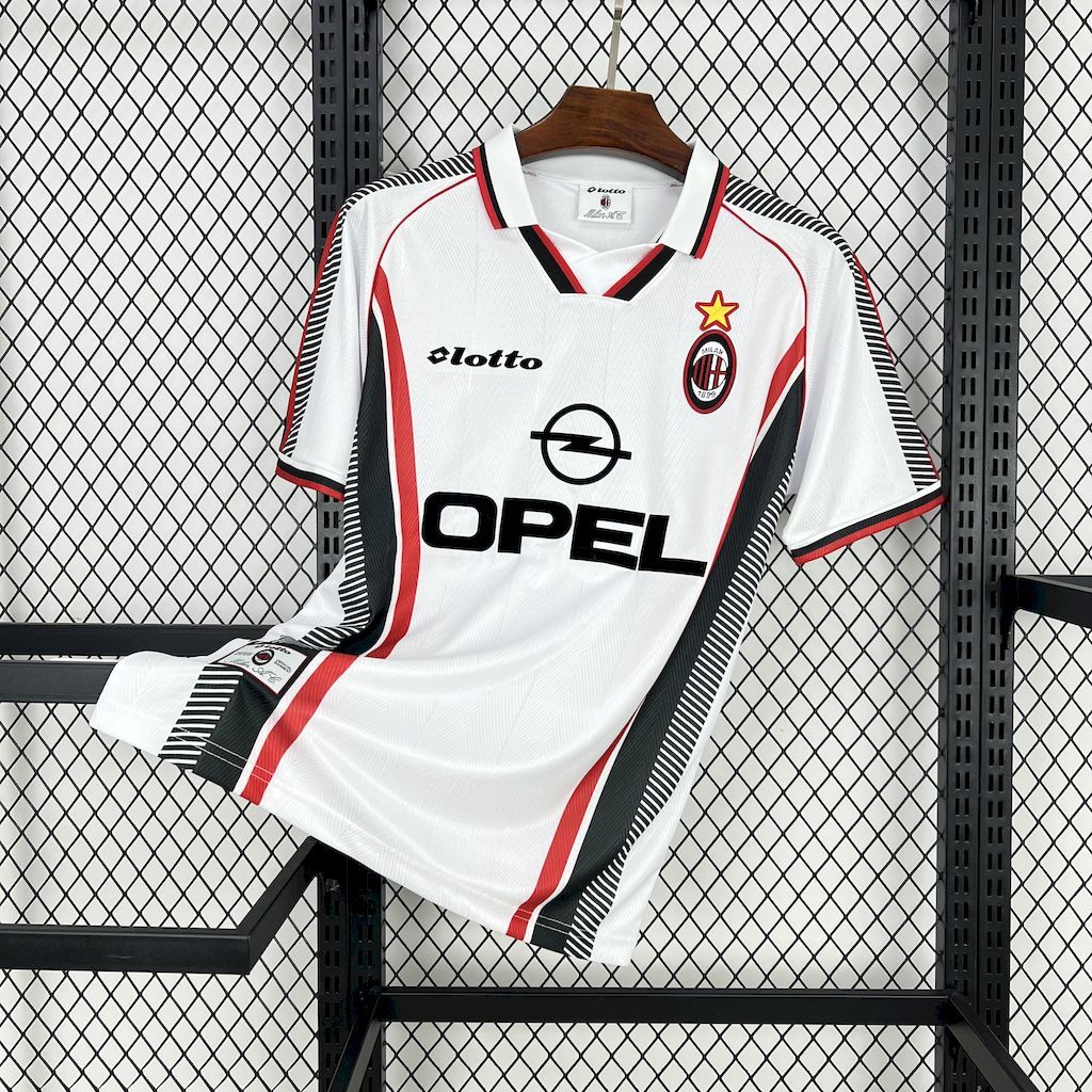 White retro soccer jersey with red and black side stripes, crest and OPEL sponsor front