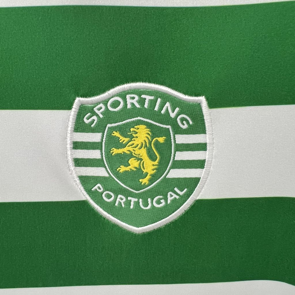 Sporting Portugal shield crest patch on green-and-white striped jersey