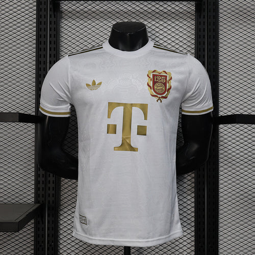 White Bayern Munich 125th anniversary player jersey with gold crest and large number