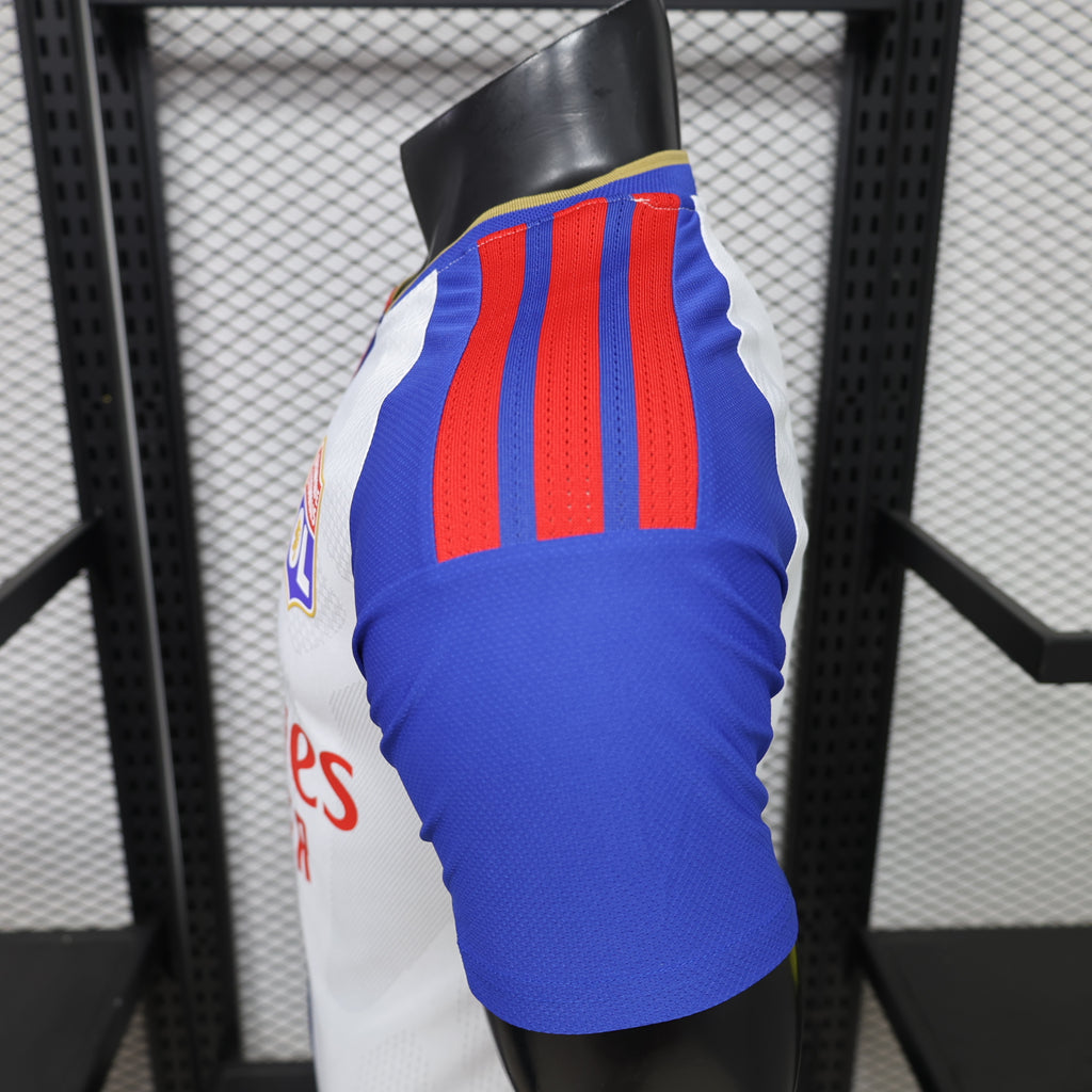 Home football shirt side view, blue sleeve with red vertical stripes on white body