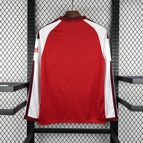 Red and white long-sleeve football shirt back view with side stripe accents