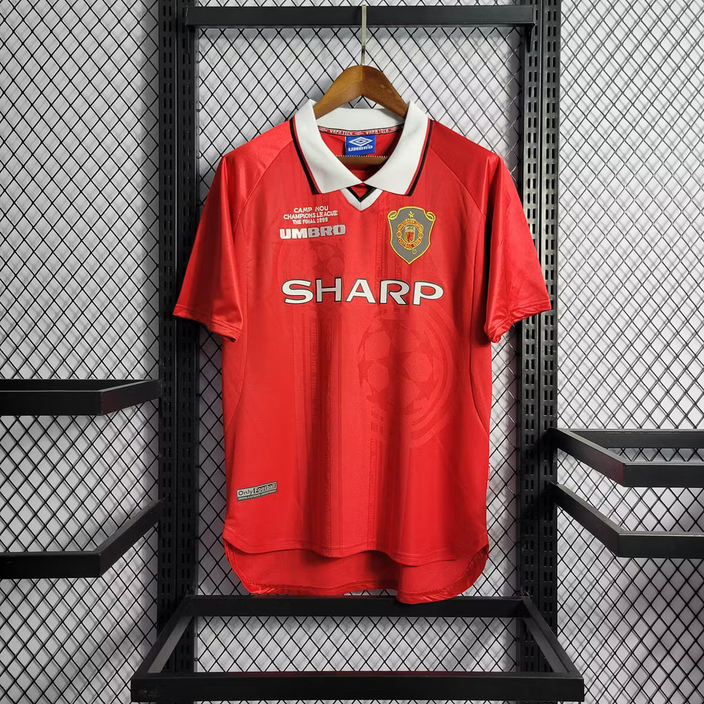 Manchester United retro football shirt, red with white collar and Umbro badge