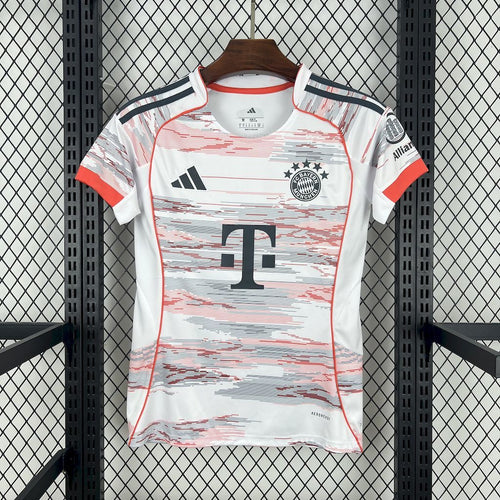 Women's white Bayern Munich away football jersey with red side panels and crest