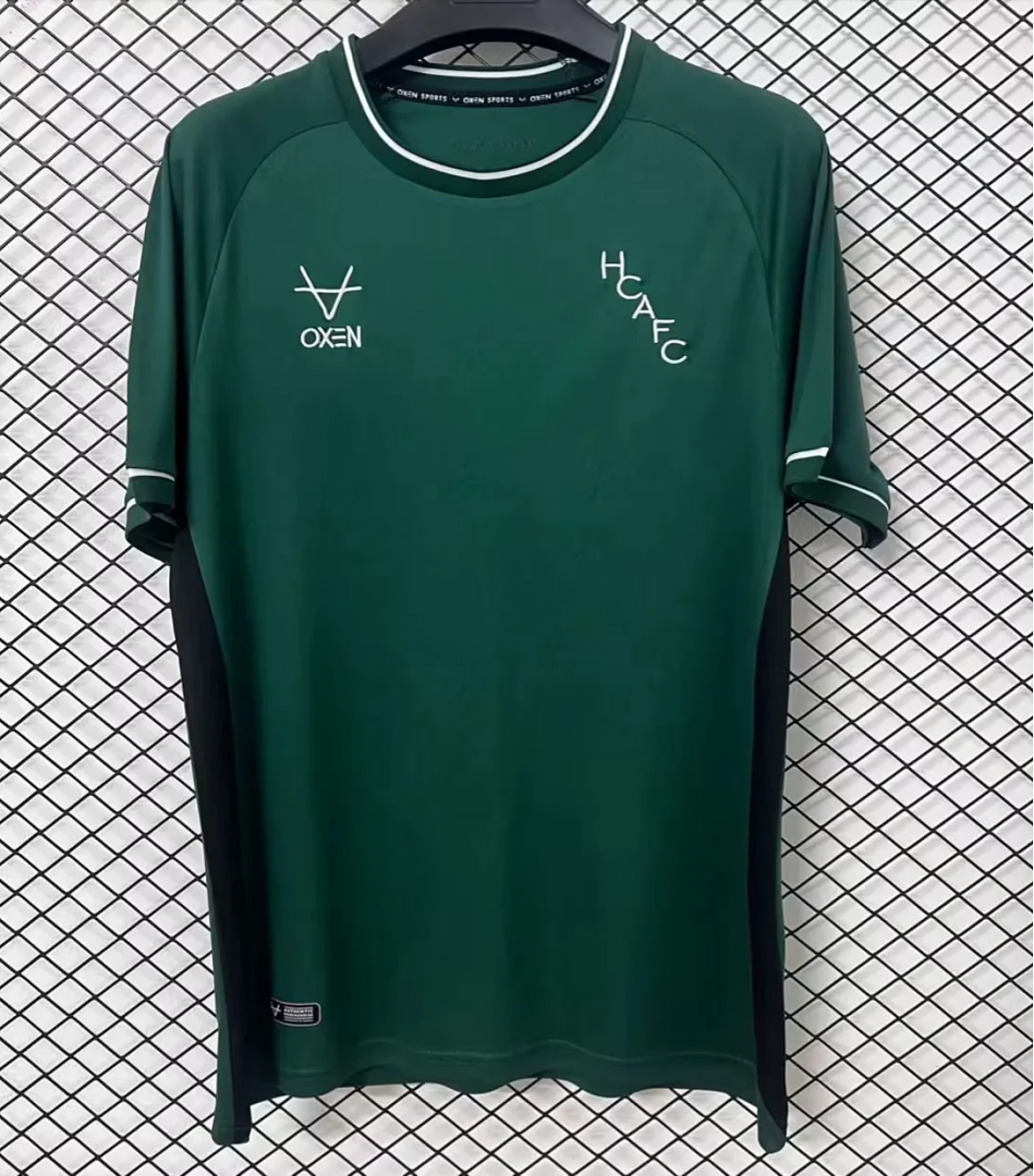 Green Hull City goalkeeper fan jersey with white trim, OXEN logo, HCAF FC crest