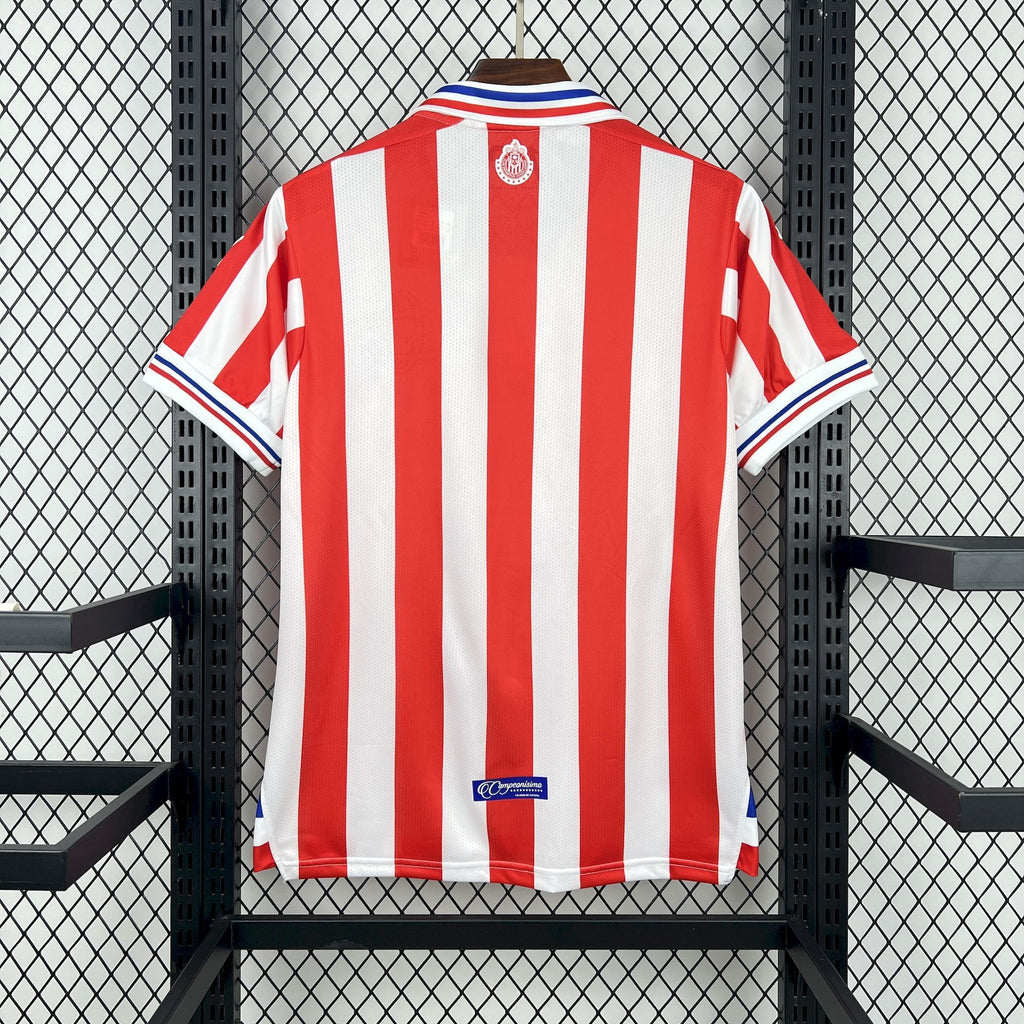 Retro soccer jersey back view with red-and-white vertical stripes and blue-trim collar.