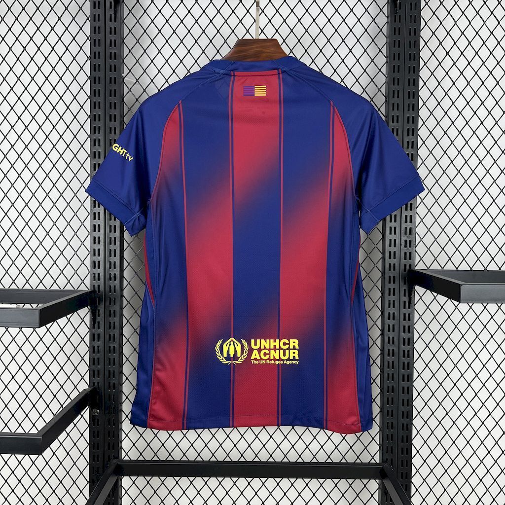 Barcelona home fan football jersey back view, blue/red stripes with UNHCR ACNUR sponsor