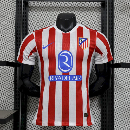 Atletico Madrid home football shirt, red and white vertical stripes with crest and sponsor