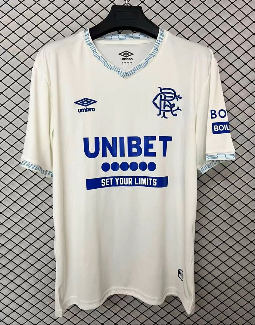 Cream Rangers away football shirt with blue trim, UNIBET front sponsor and Umbro logo