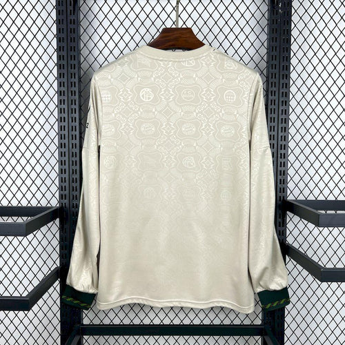 Back view of white long-sleeve Bayern Munich Oktoberfest fan jersey with green trim
