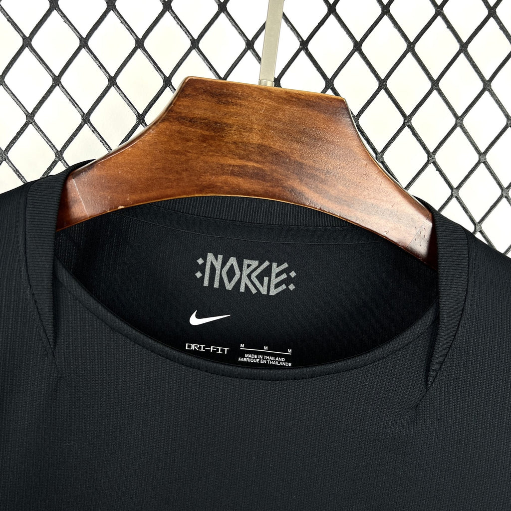 Norway away fan soccer jersey neckline with inner Dri-FIT label on dark navy collar