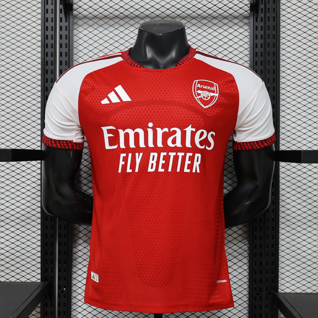 Arsenal home football jersey, red body with white sleeves, Emirates Fly Better sponsor, badge