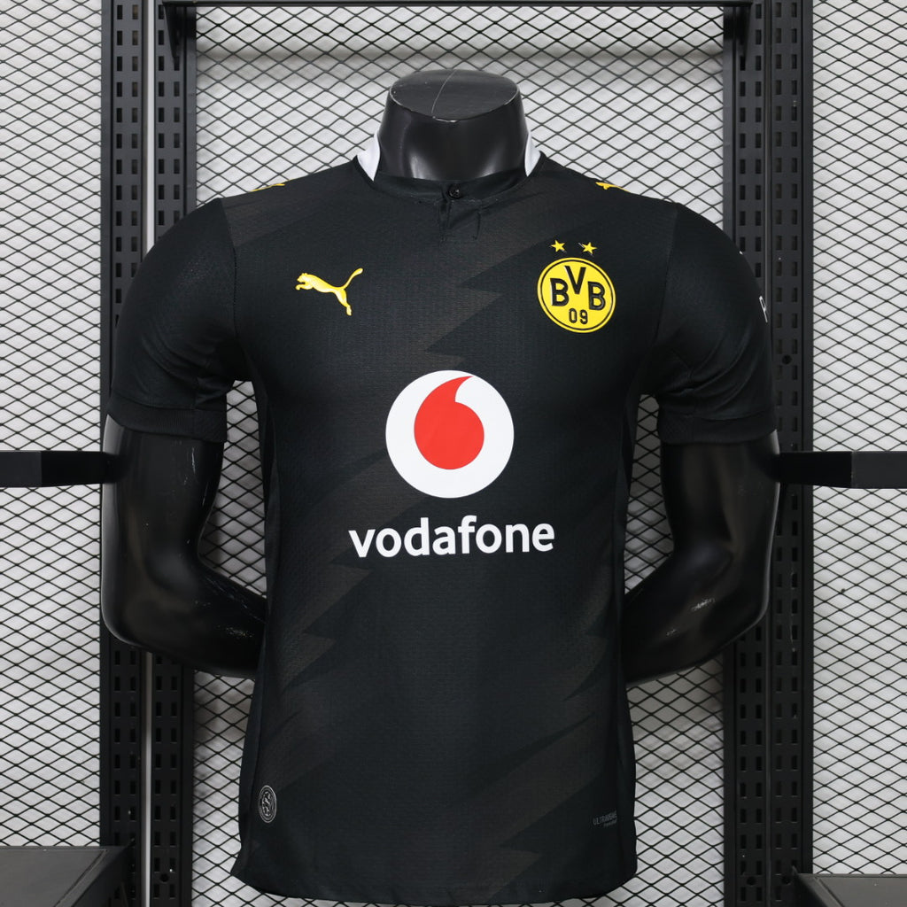 Borussia Dortmund away football jersey (player version) in dark gray, yellow BVB crest and Vodafone