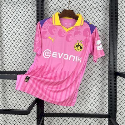 Pink Borussia Dortmund fan goalkeeper jersey with yellow collar and BVB crest front