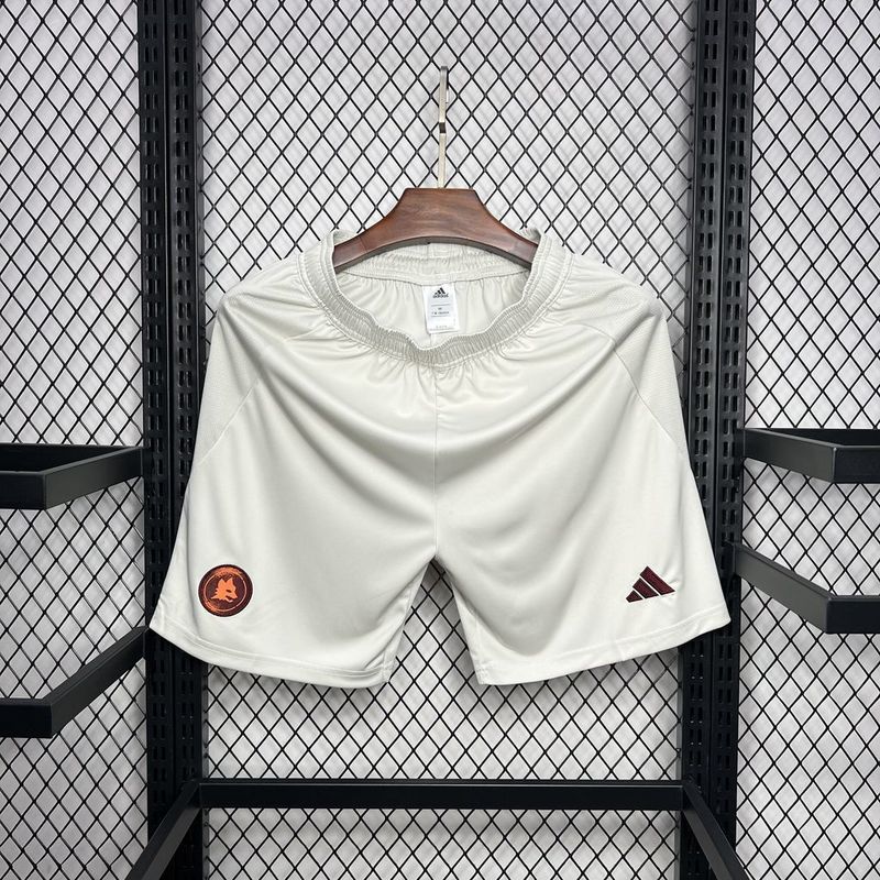White fan shorts with crest patch and maroon logo detail