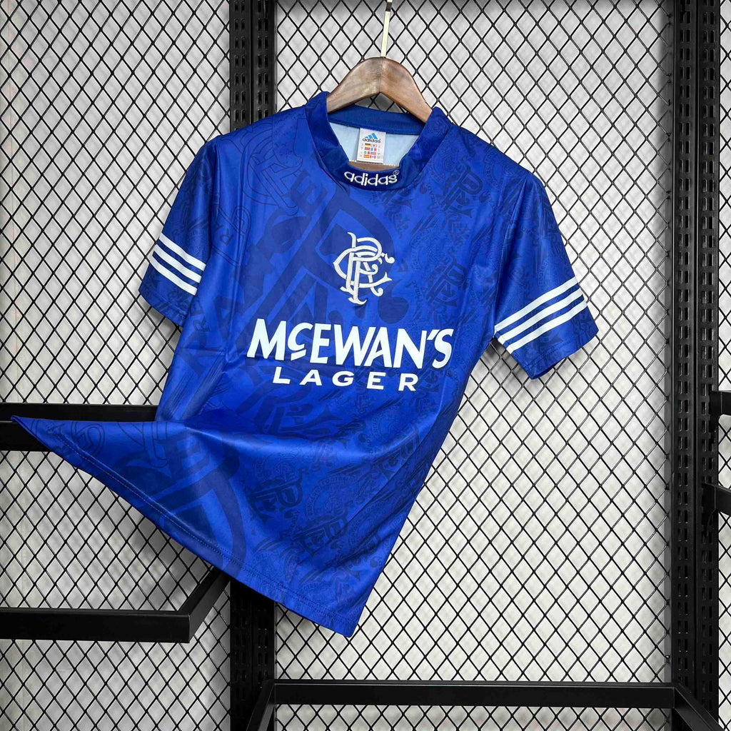 Blue home retro football shirt front with Rangers crest, Adidas badge, McEwan's Lager sponsor