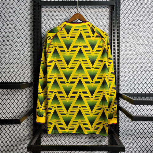 Arsenal retro away long-sleeve football jersey, neon yellow with green zigzag pattern on back