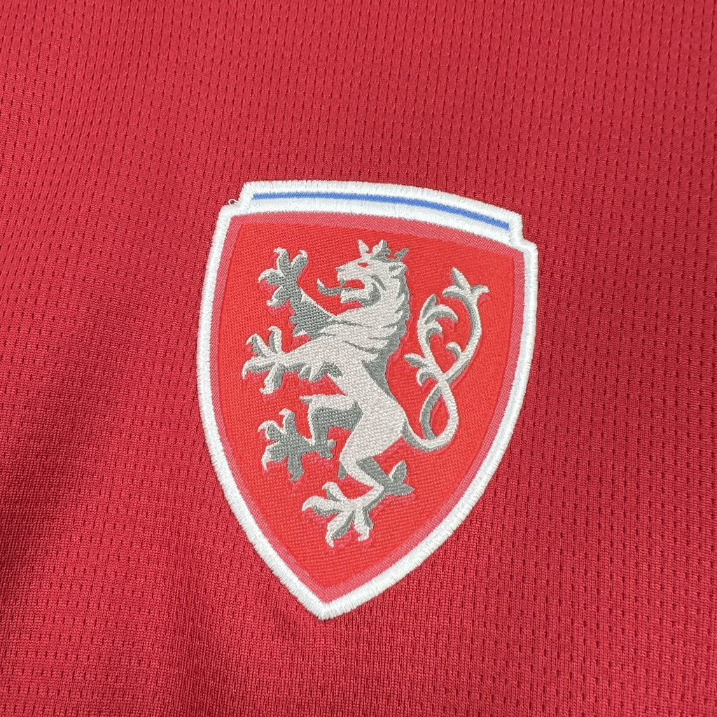 Red jersey crest badge with lion emblem inside shield
