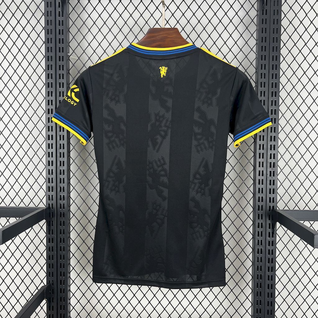 Women's third football jersey back view, dark with yellow-and-blue trim.