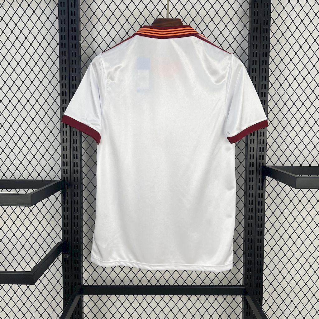 Retro white soccer jersey back with orange-and-maroon collar trim