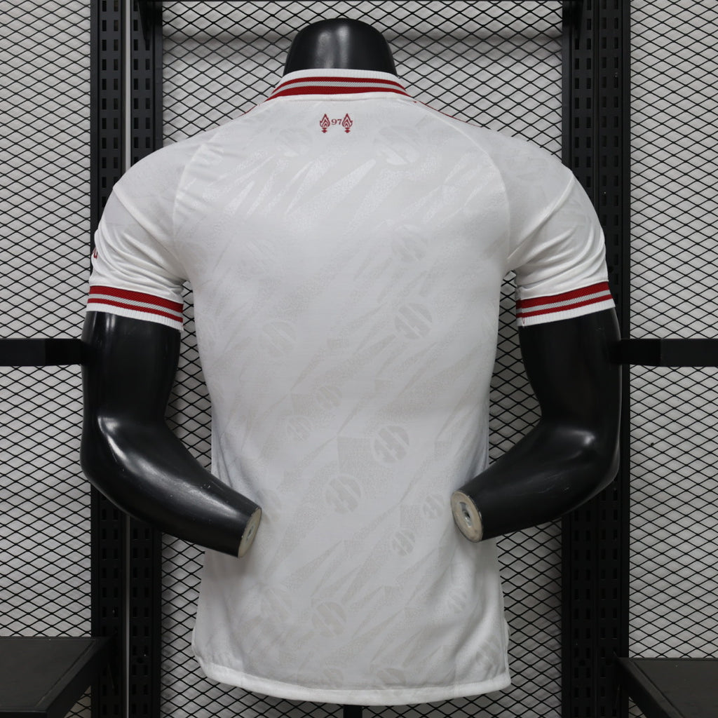 Liverpool FC away player jersey back view, white with red striped collar and cuffs