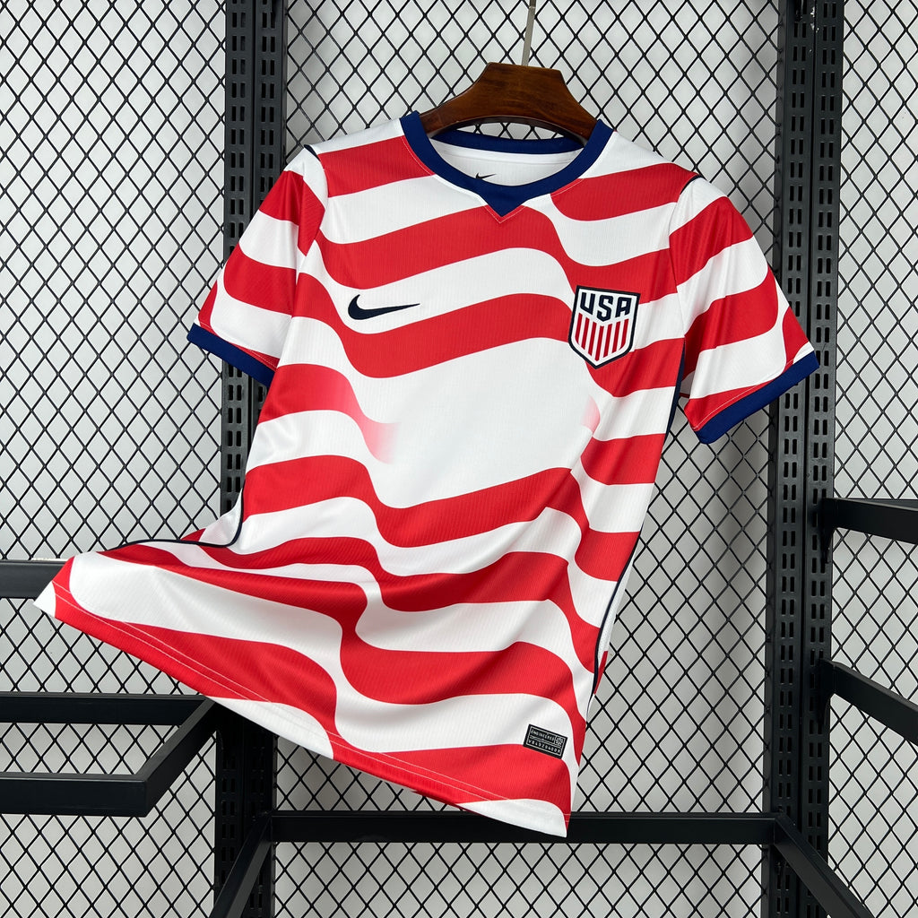 Men's USA home soccer jersey, red and white striped with blue collar and Nike logo