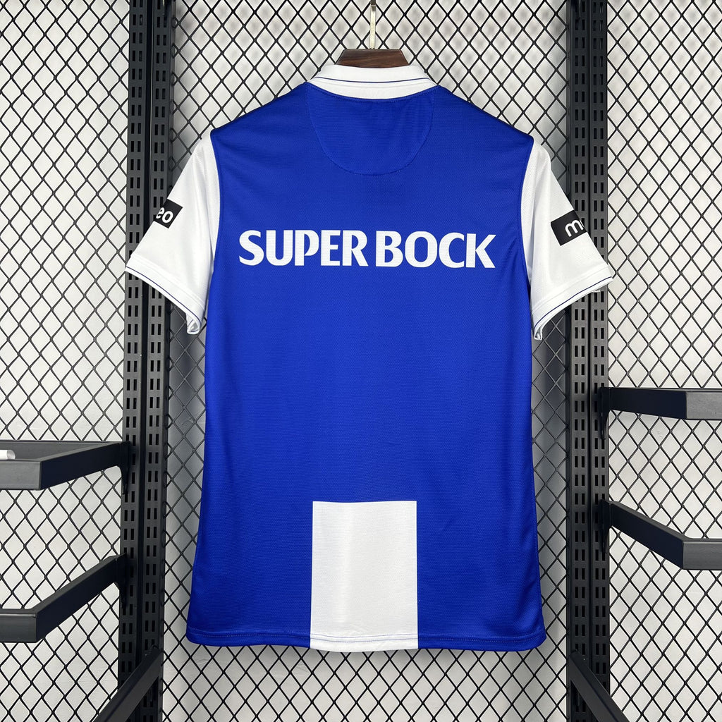Blue retro football jersey back view with SUPER BOCK text and white trim