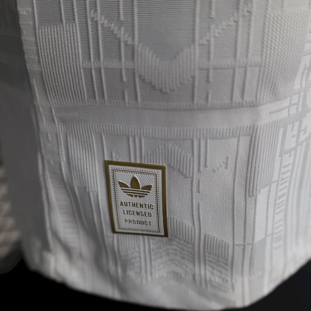 White football shirt with Authentic Licensed Product label patch on the back fabric