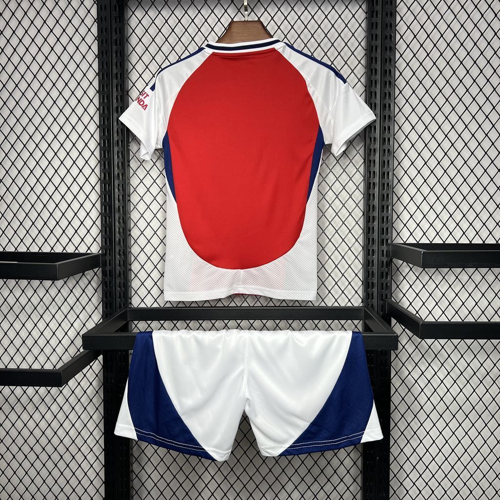 Kids football kit: back red jersey with white panels, blue side accents, and white shorts