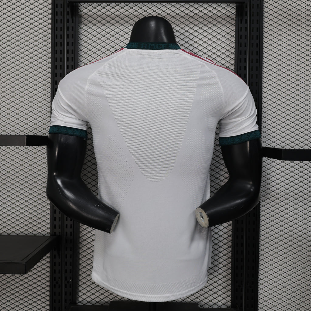 White football jersey with teal-trim collar and side accents, shown from the back