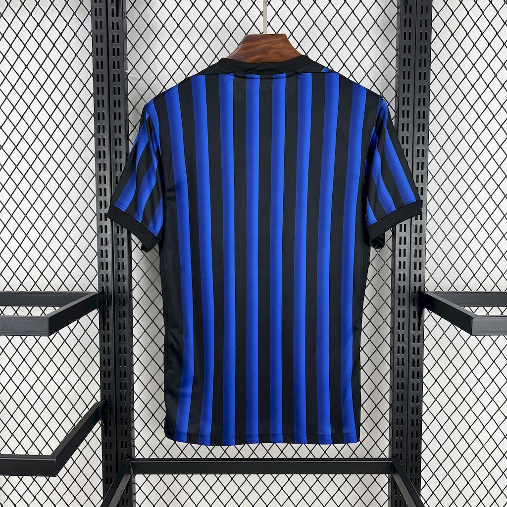 Inter Milan fan jersey back view, blue-and-black stripes, crew neck, no visible sponsor