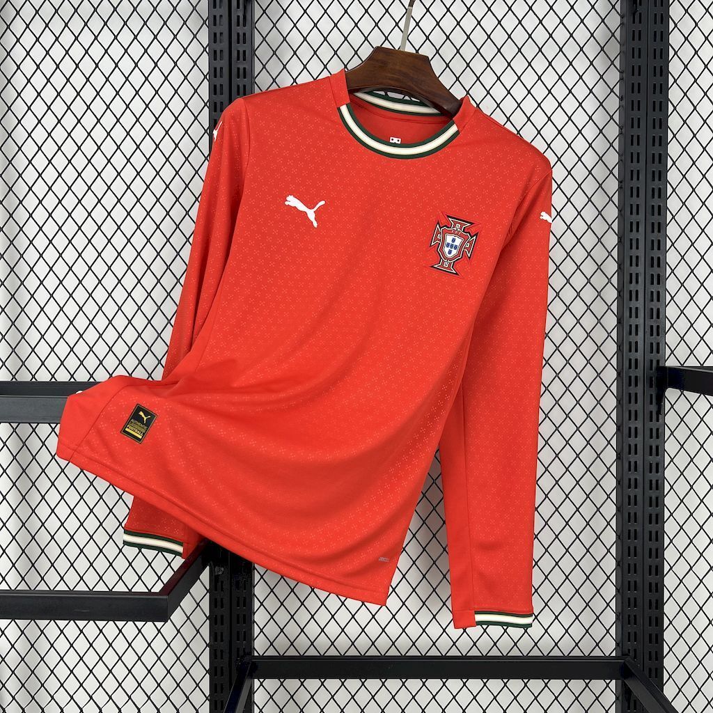 Red long-sleeve Portugal home football jersey with Puma logo and crest