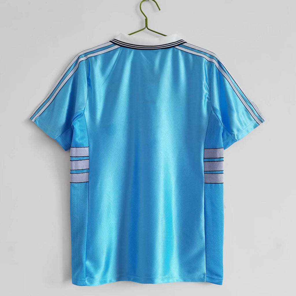 Sky blue away soccer jersey back view with adidas shoulder stripes and ribbed trim