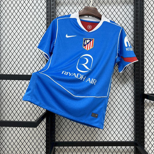 Blue Atletico Madrid third fan soccer jersey with crest, Nike swoosh, RIYADH AIR