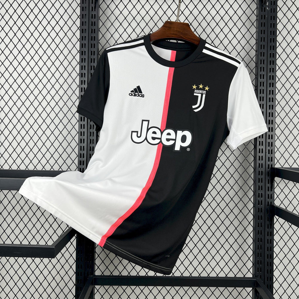 Retro soccer jersey, black and white with red trim, Juventus crest and Jeep logo