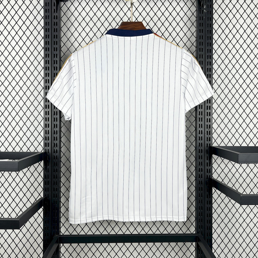White Roma terrace icons soccer shirt with navy collar and pinstripe back view