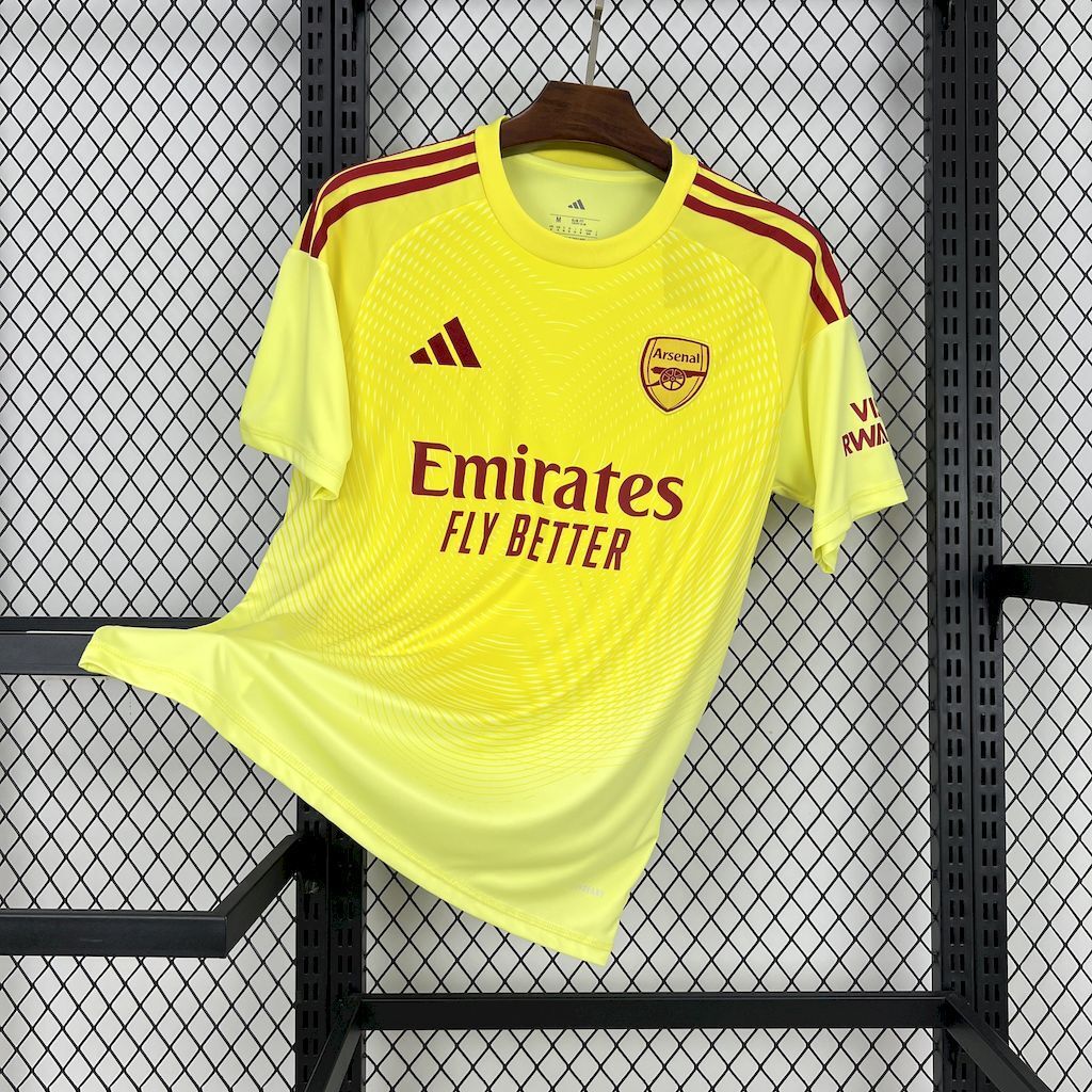 Neon yellow goalkeeper football jersey with maroon side stripes and Arsenal crest