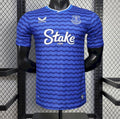 Blue Everton home player soccer jersey with striped pattern, Stake.com sponsor, crew neck